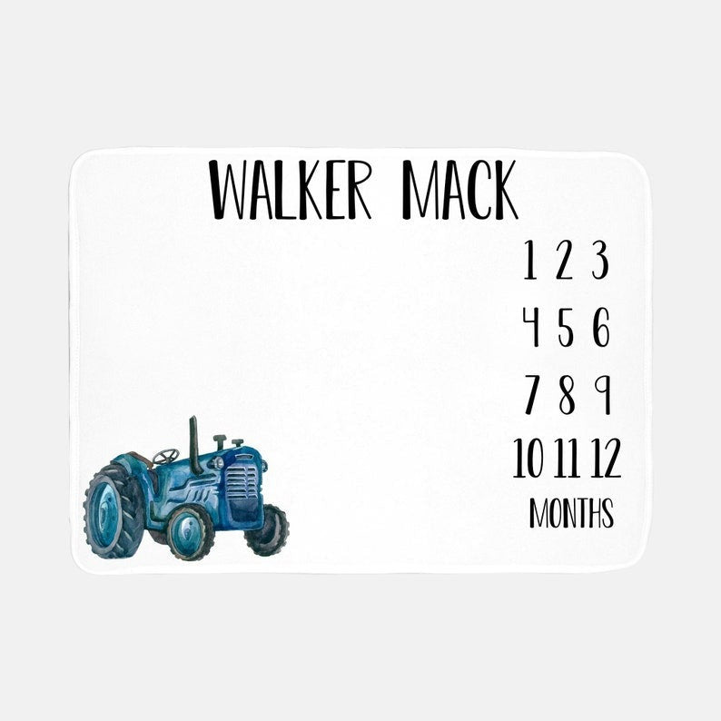 Blue Tractor Baby Milestone Blanket With Customized Name For Baby Boy Nursery, Son, Grandson, Month Gifts