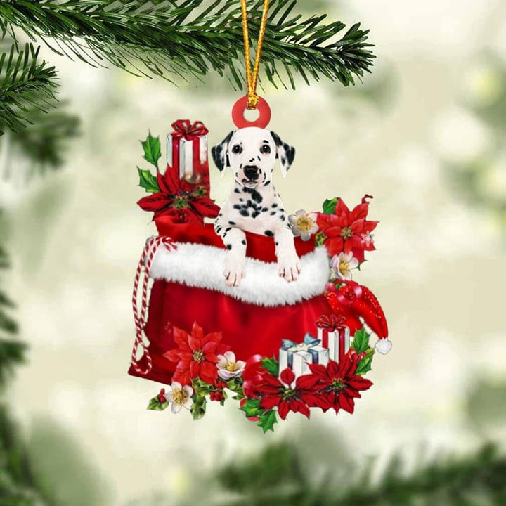 Custom Name Dalmatian In Red Gift Bag Acrylic Christmas Ornament, Customized Christmas Gift For Dog Lovers, Dog Mom