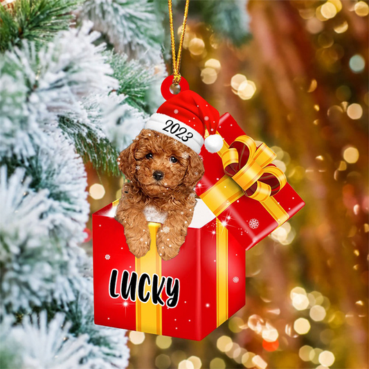 Custom Name Yellow Poodle In Red Gift Box Acrylic Christmas Ornament Customized Name Pet Christmas Ornament - Gift For Dog Lovers, Pet Lovers