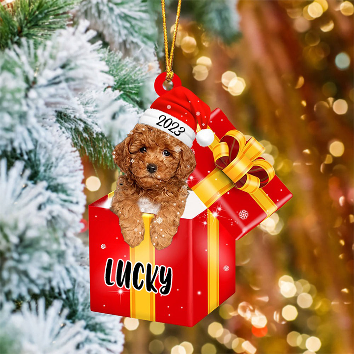 Custom Name Yellow Poodle In Red Gift Box Acrylic Christmas Ornament Customized Name Pet Christmas Ornament - Gift For Dog Lovers, Pet Lovers