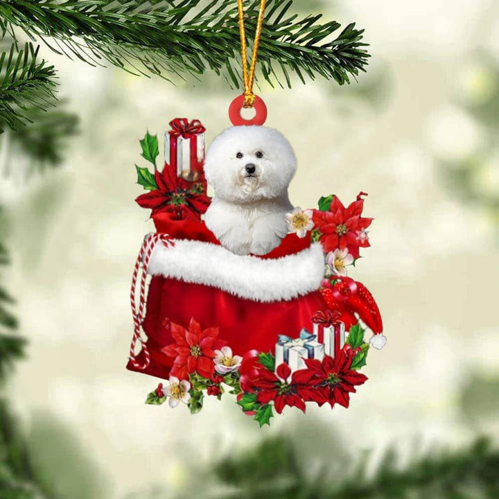 Custom Name Bichon Frise In Red Gift Bag Acrylic Christmas Ornament, Customized Christmas Gift For Dog Lovers, Dog Mom