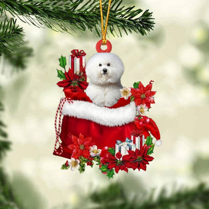 Custom Name Bichon Frise In Red Gift Bag Acrylic Christmas Ornament, Customized Christmas Gift For Dog Lovers, Dog Mom