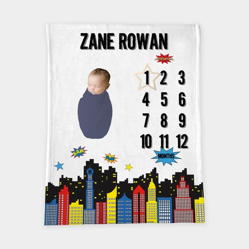 Super Hero Baby Milestone Blanket With Customized Name For Baby Boy Nursery, Son, Grandson, Month Gifts