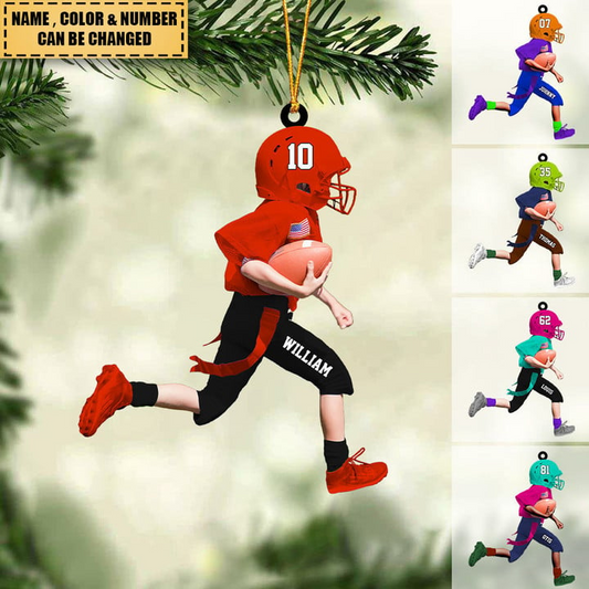 Custom Name & Number American Football Kid Running Acrylic Christmas Ornament - Gift For Son & Daughters