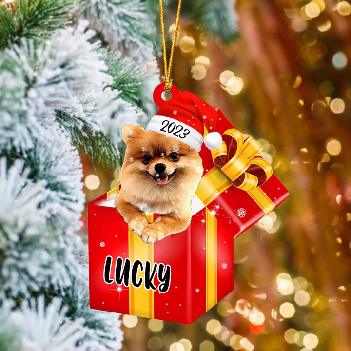 Custom Name Pomeranian In Red Gift Box Acrylic Christmas Ornament Customized Name Pet Christmas Ornament - Gift For Dog Lovers, Pet Lovers