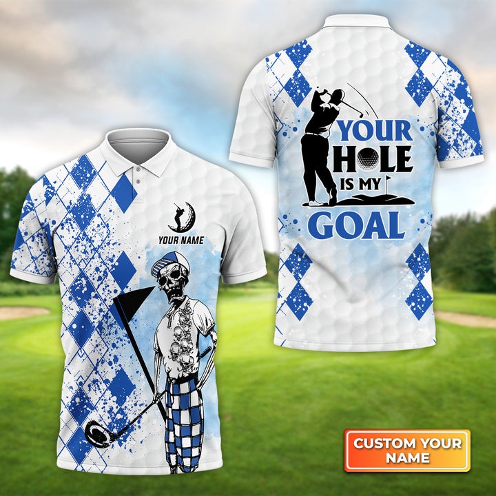 Customized Golf Men Polo Shirts, Golf Skull Blue Pattern Your Hole Is My Goal, Personalized Name Golf Polo Shirt For Men - Best Gift For Golf Lovers