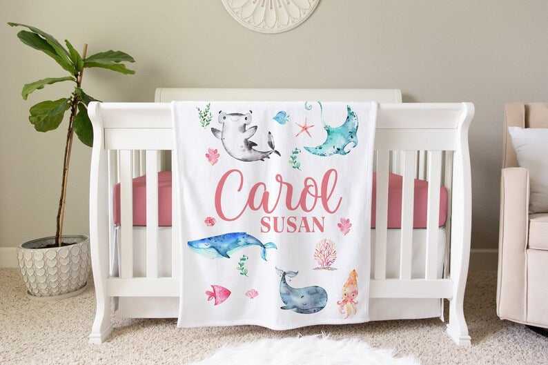 Sea Life Baby Kids Blanket With Customized Name For Baby Boy Girl Nursery, Daughter, Granddaughter, Son, Grandson, Newborn Gifts