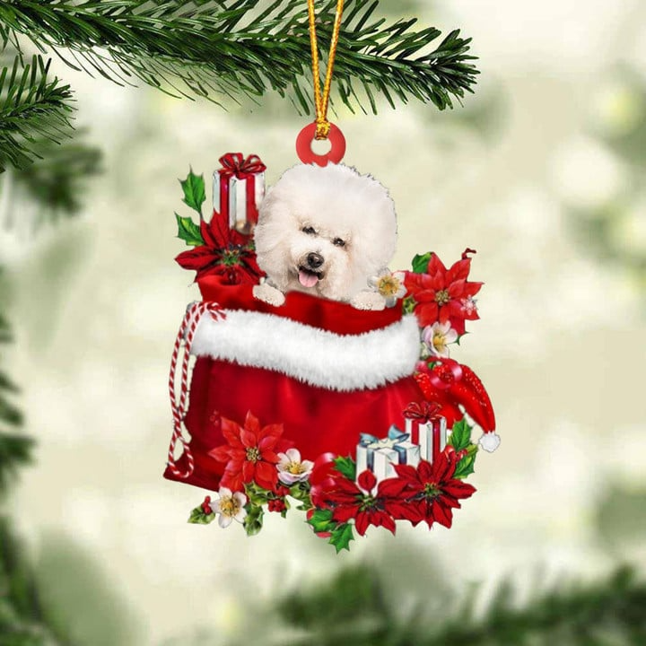 Custom Name Bichon Frise In Red Gift Bag Acrylic Christmas Ornament, Customized Christmas Gift For Dog Lovers, Dog Mom