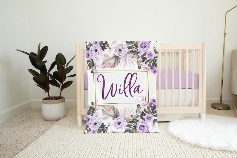 Boho Palm Floral Baby Kids Blanket With Customized Name For Baby Girl Nursery, Daughter, Granddaughter, Newborn Gifts