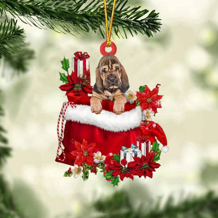 Custom Name Bloodhound In Red Gift Bag Acrylic Christmas Ornament, Customized Christmas Gift For Dog Lovers, Dog Mom