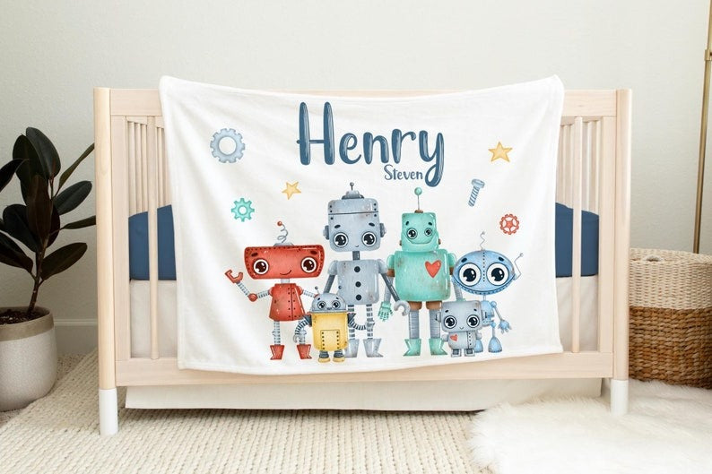 Robot Baby Kids Blanket With Customized Name For Baby Boy Nursery, Son, Grandson, Month Gifts