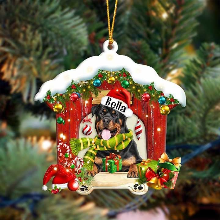 Personalized Name Little Rottweiler In Red Wood House Acrylic Christmas Ornament Gift For Dog Lovers, Dog Mom