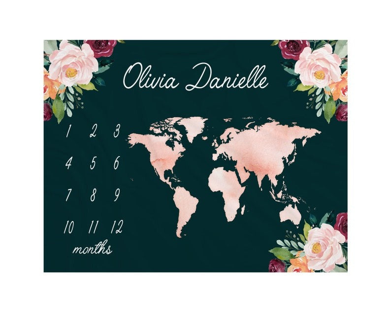 Floral World Map Baby Milestone Blanket With Customized Name For Baby Girl Nursery, Daughter, Granddaughter, Month Gifts