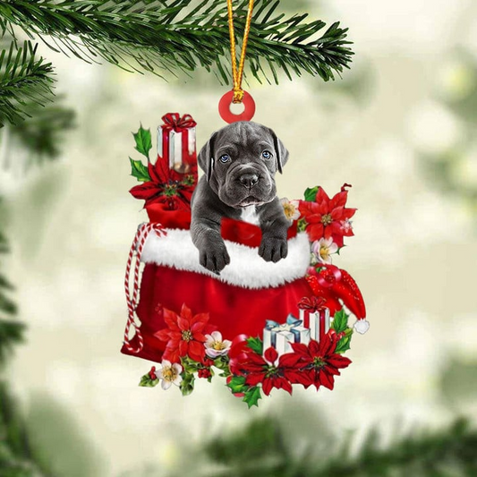 Custom Name Cane Corso In Red Gift Bag Acrylic Christmas Ornament, Customized Christmas Gift For Dog Lovers, Dog Mom