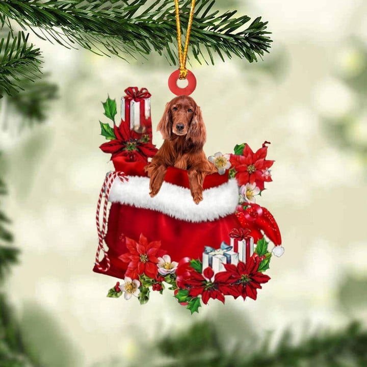Custom Name Irish Setter In Red Gift Bag Acrylic Christmas Ornament, Customized Christmas Gift For Dog Lovers, Dog Mom