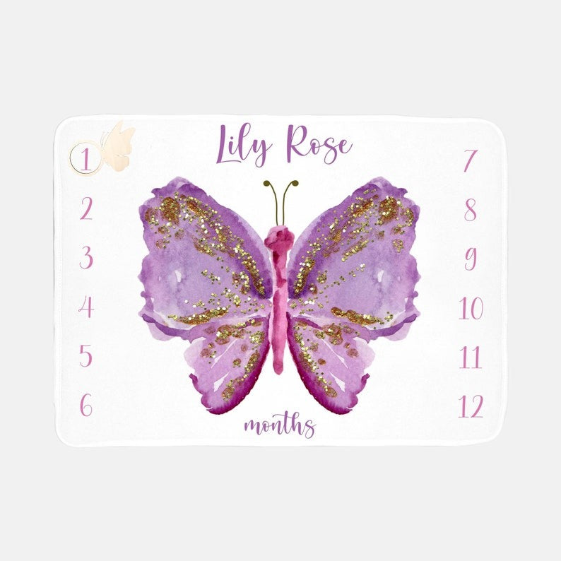 Purple Gold Butterfly Baby Milestone Blanket With Customized Name For Baby Girl Nursery, Daughter, Granddaughter, Month Gifts