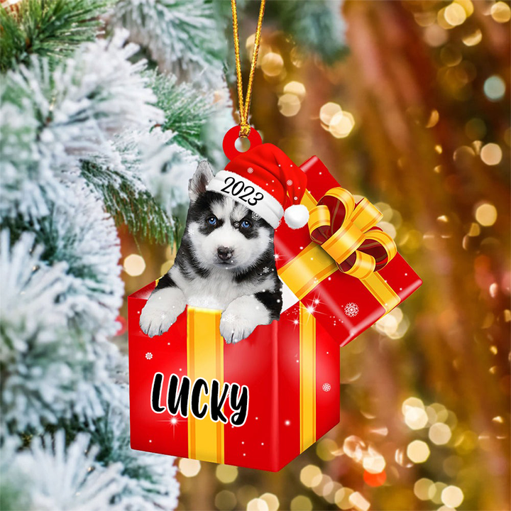 Personalized Siberian Husky In Red Gift Box Acrylic Christmas Ornament Custom Name Pet Christmas Ornament - Gift For Dog Lovers, Pet Lovers