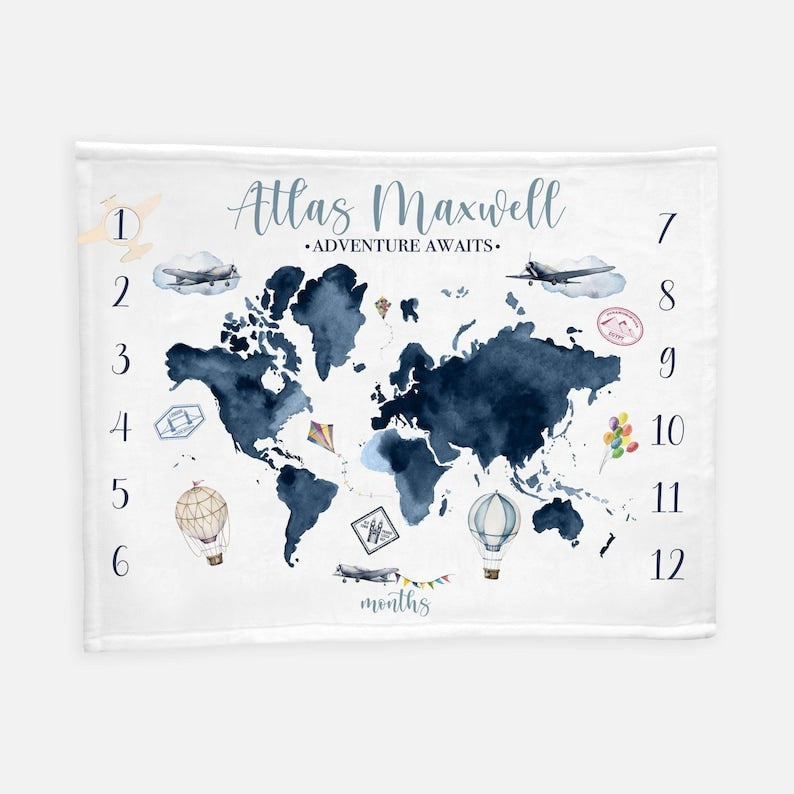 World Map Baby Milestone Blanket With Customized Name For Baby Boy Girl Nursery, Son, Grandson, Daughter, Granddaughter, Month Gifts