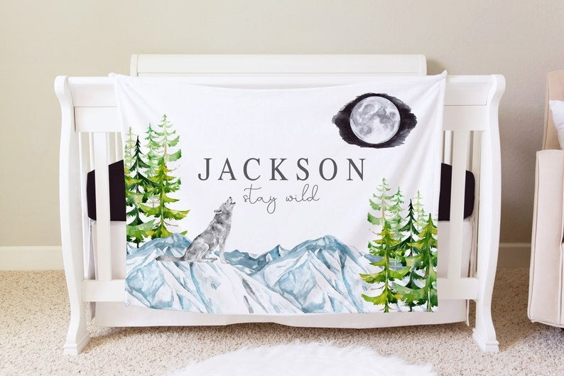 Wolf Mountains Baby Kids Blanket With Customized Name For Baby Boy, Nursery, Son, Grandson, Newborn Gifts