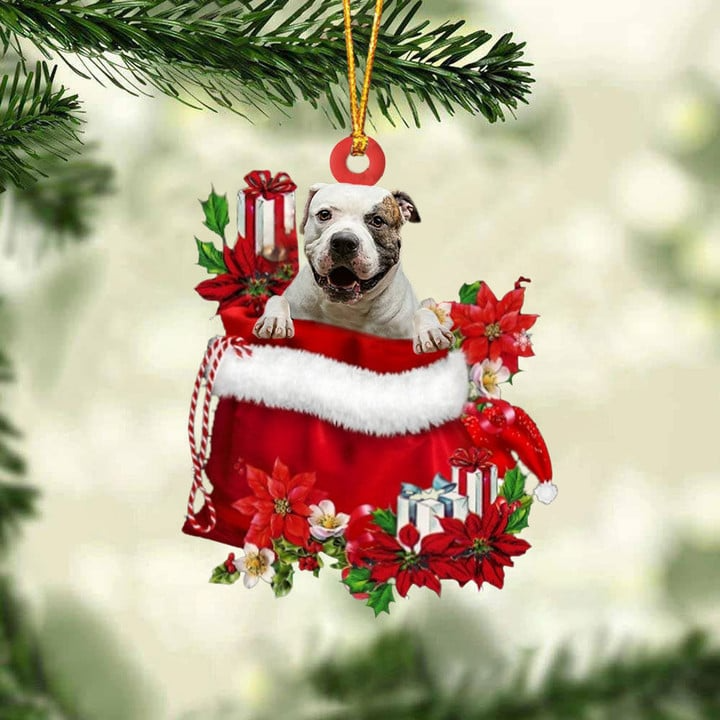 Custom Name American BullDog In Red Gift Bag Acrylic Christmas Ornament, Customized Christmas Gift For Dog Lovers, Dog Mom