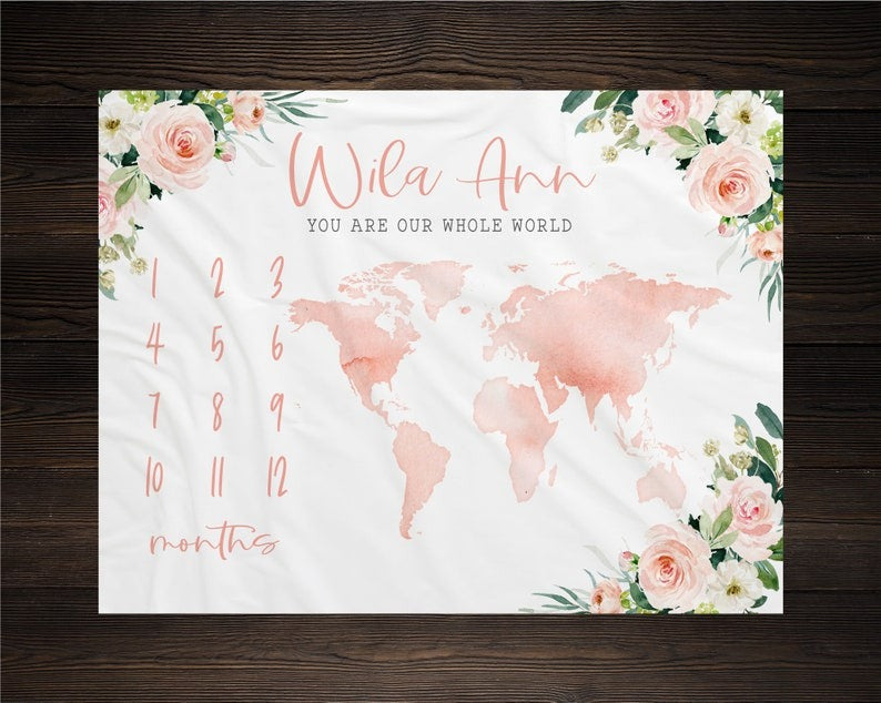 Floral World Map Baby Milestone Blanket With Customized Name For Baby Girl Nursery, Daughter, Granddaughter, Month Gifts