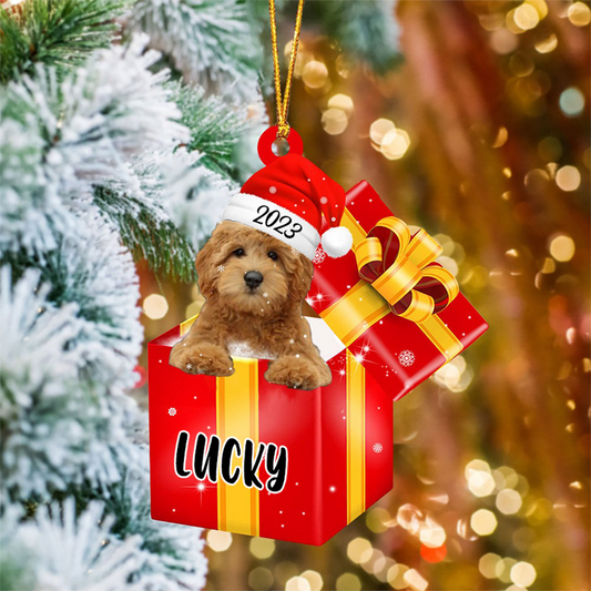 Personalized Goldendoodle In Red Gift Box Acrylic Christmas Ornament Customized Name Pet Christmas Ornament - Gift For Dog Lovers, Pet Lovers