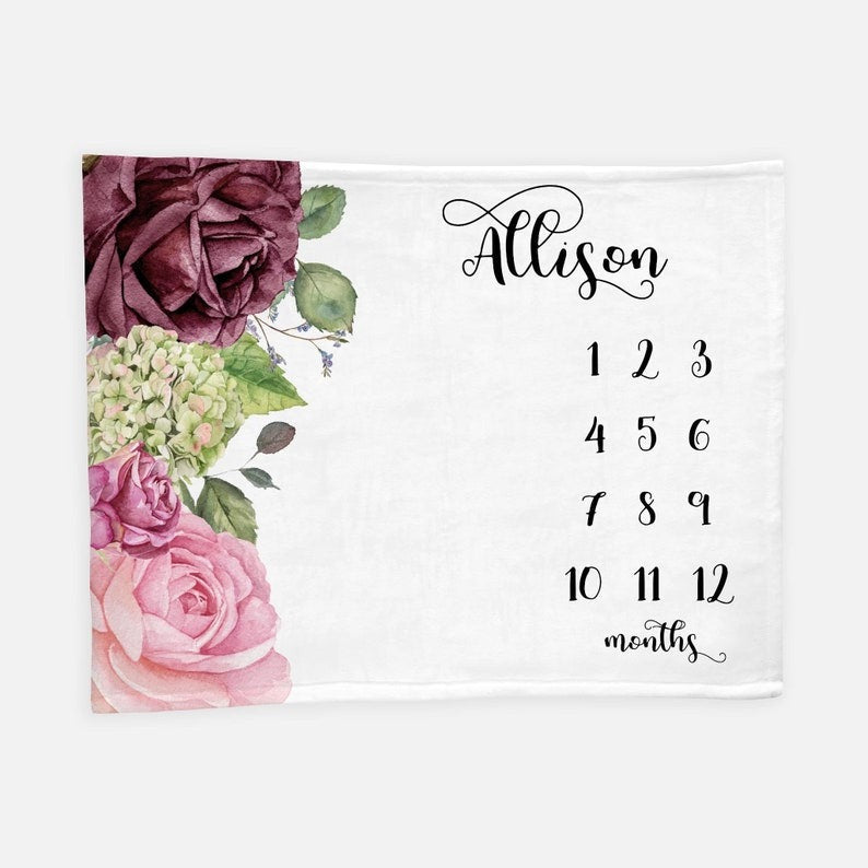 Floral Vintage Roses Baby Milestone Blanket With Customized Name For Baby Girl Nursery, Daughter, Granddaughter, Month Gifts