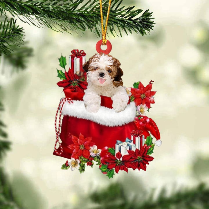 Customized Shih Tzu In Red Gift Bag Acrylic Christmas Ornament, Personalized Christmas Gift For Dog Lovers, Dog Mom