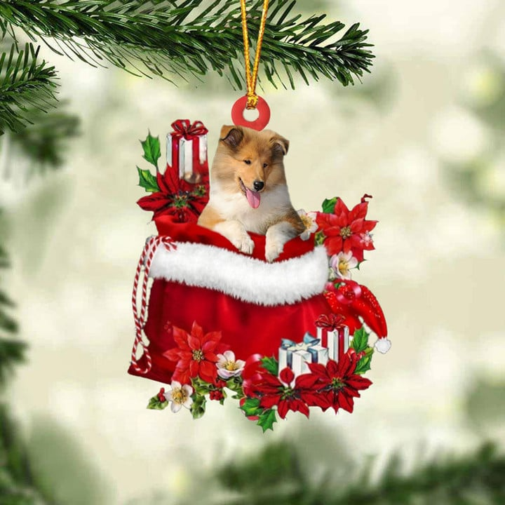 Custom Rough Collie In Red Gift Bag Acrylic Christmas Ornament, Personalized Name Christmas Gift For Dog Lovers, Dog Mom