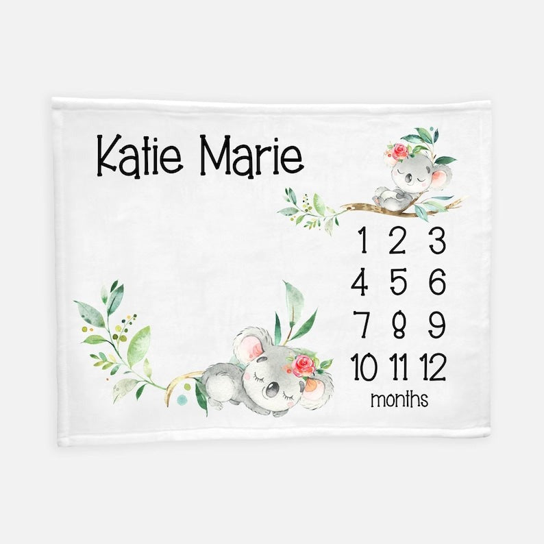 Koala Bear Baby Milestones Blanket With Customized Name For Baby Girl Nursery, Daughter, Granddaughter