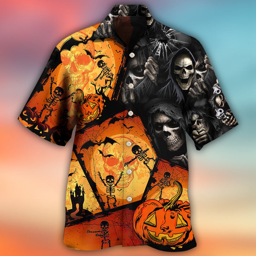 Halloween Death Hawaiian Shirt, Halloween Skull Pumpkin Scary Aloha Shirt For Men & Women - Halloween Gift For Members Family, Friends