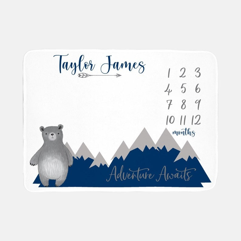 Mountain Bear Baby Milestone Blanket With Customized Name For Baby Boy Nursery, Son, Grandson, Month Gifts