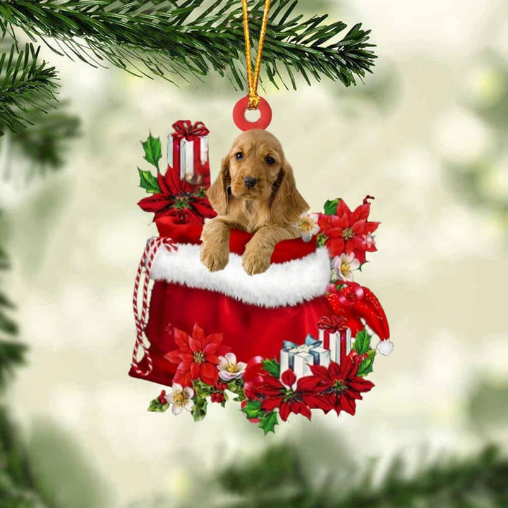 Custom Name English Cocker Spaniel In Red Gift Bag Acrylic Christmas Ornament, Customized Christmas Gift For Dog Lovers, Dog Mom