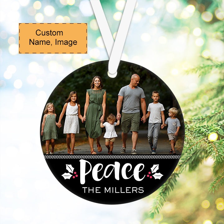 Custom Family Photo Ceramic Ornament, Custom Photo Ornament With Name's Family, Christmas Peace - Christmas Ornament Gift For Members Family