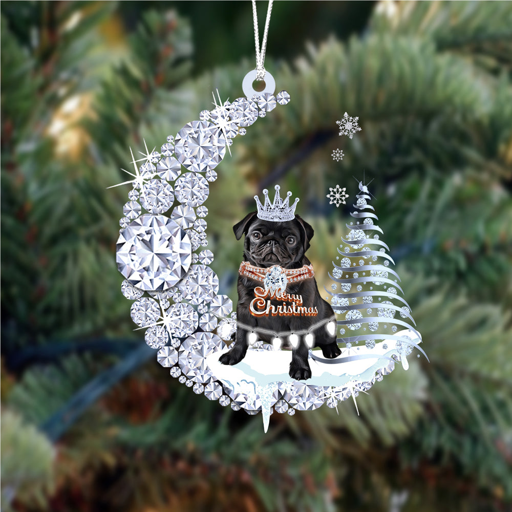 Customized Pug Diamond Moon Merry Christmas Mica Ornament - Best Gift For Dog Lovers, Dog Owners