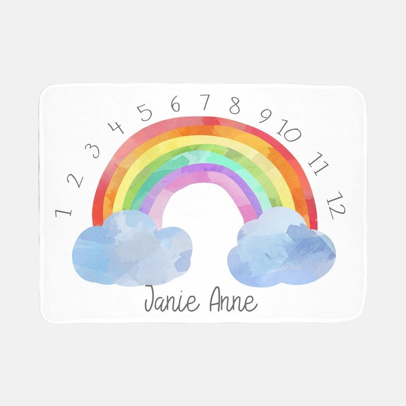 Rainbow Baby Milestone Blanket With Customized Name For Baby Boy Girl Nursery, Son, Grandson, Daughter, Granddaughter, Month Gifts