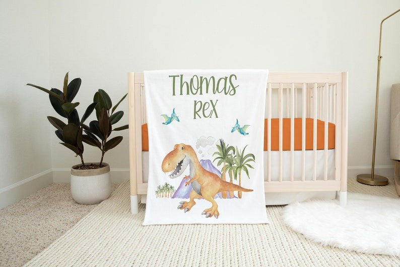 Tyrannosaurus Baby Kids Blanket With Customized Name For Baby Boy Nursery, Son, Grandson, Month Gifts