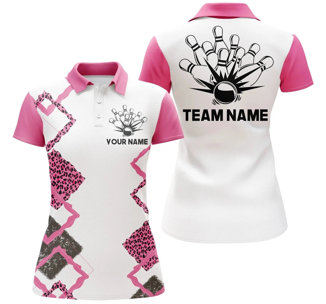 Customized Name And Team Name Bowling Women Polo Shirt, Pink Leopard Girl Personalized - Gift Sport For Mother's Day, Women, Team Bowlers