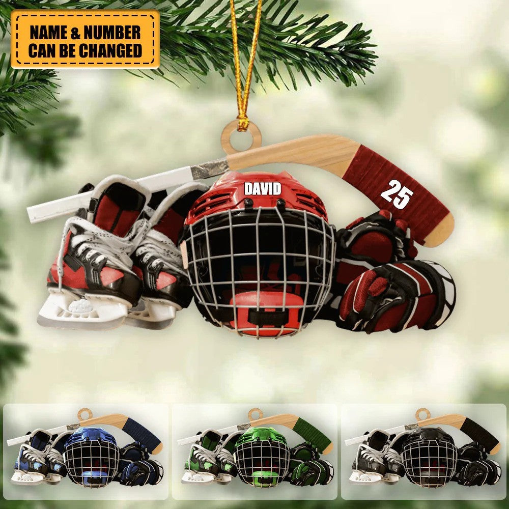 Personalized Hockey Skates Helmet And Stick Christmas Ornament, Acrylic Ornament - Gift For Hockey Lover