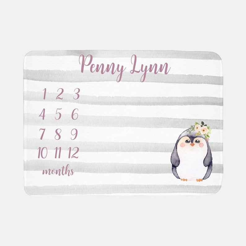 Penguin Floral Baby Milestone Blanket With Customized Name For Baby Girl Nursery, Daughter, Granddaughter, Month Gifts