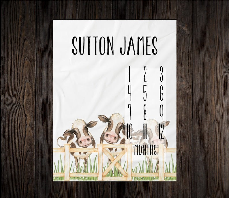 Dairy Cows Baby Milestone Blanket With Customized Name For Baby Boy Girl Nursery, Son, Grandson, Daughter, Granddaughter, Month Gifts