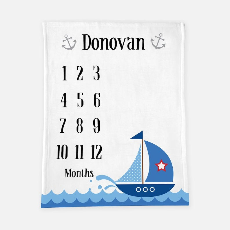 Blue Sailboat Baby Milestone Blanket With Customized Name For Baby Boy Nursery, Son, Grandson, Month Gifts