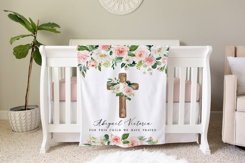 Wooden Cross Floral Baby Milestone Blanket With Customized Name For Baby Girl Nursery, Daughter, Granddaughter, Month Gifts