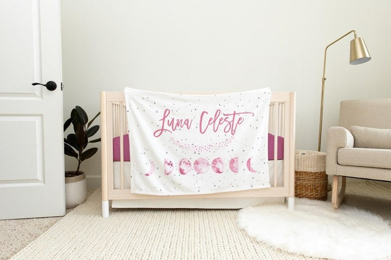 Pink Moon Phases Baby Kids Blanket With Customized Name For Baby Girl Nursery, Daughter, Granddaughter, Month Gifts