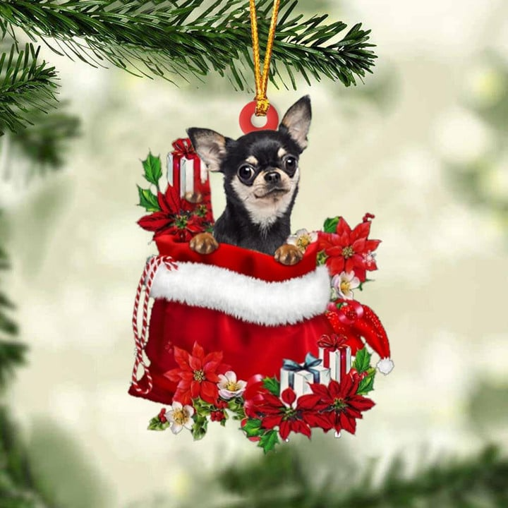 Custom Chihuahua In Red Gift Bag Acrylic Christmas Ornament, Personalized Name Christmas Gift For Dog Lovers, Dog Mom