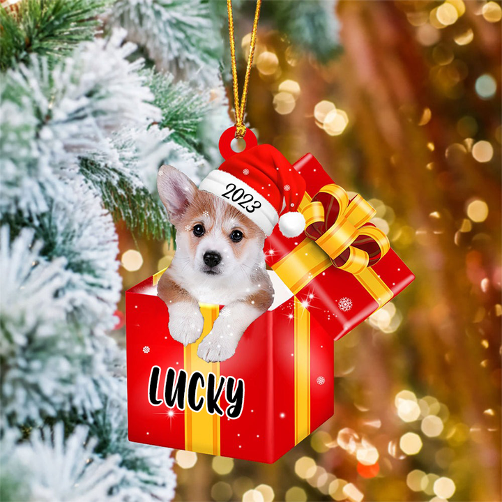 Custom Corgi In Red Gift Box Acrylic Christmas Ornament Customized Name Pet Christmas Ornament - Gift For Dog Lovers, Pet Lovers