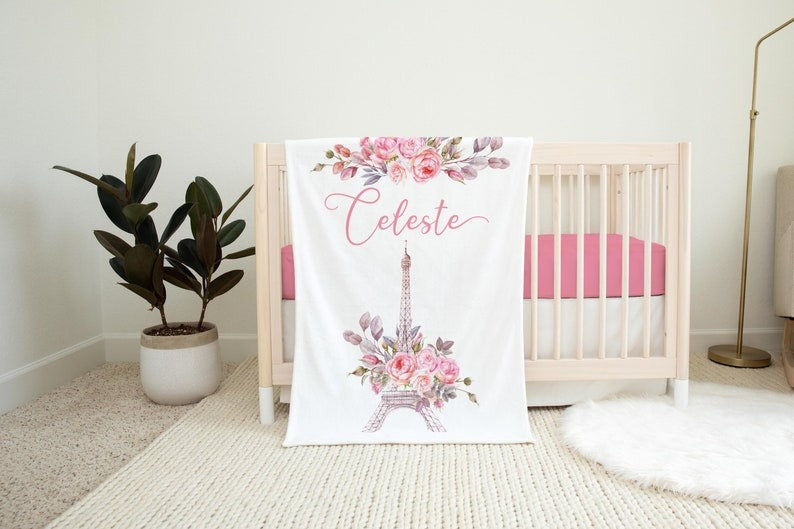 Eiffel Tower Baby Kids Blanket With Customized Name For Baby Girl Nursery, Daughter, Granddaughter, Month Gifts