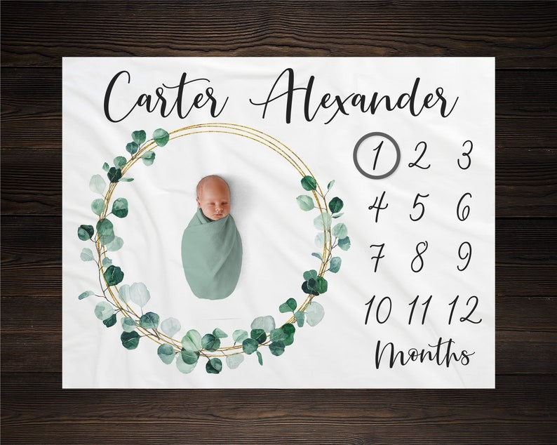 Eucalyptus Greenery Baby Milestone Blanket With Customized Name For Baby Boy Girl Nursery, Son, Grandson, Daughter, Granddaughter