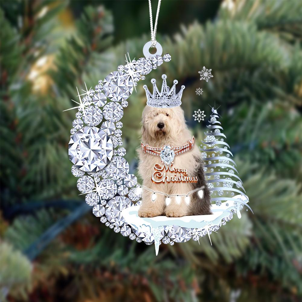 Customized Old English Sheepdog Diamond Moon Merry Christmas Mica Ornament - Best Gift For Dog Lovers, Dog Owners