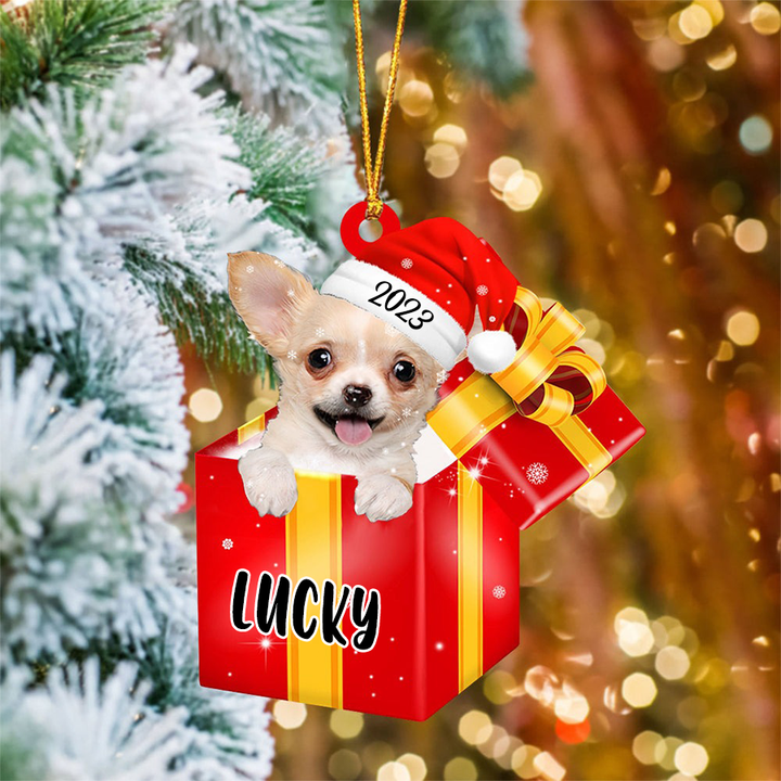 Custom Chihuahua In Red Gift Box Acrylic Christmas Ornament Customized Name Pet Christmas Ornament - Gift For Dog Lovers, Pet Lovers